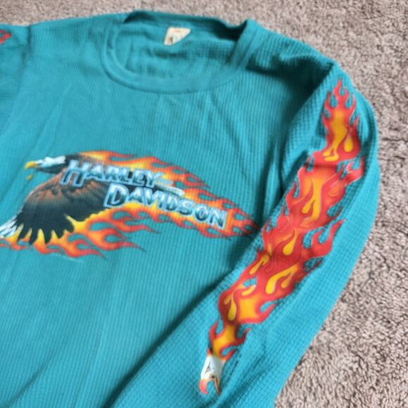 Vintage 90s Harley Davidson Teal Thermal Waffle Knit Top XL Flames Eagle 1993 - Picture 5 of 13